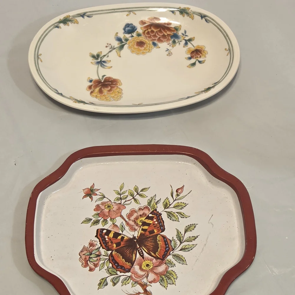 Vintage Floral Tray Set: Ceramic Oval Serving Platter & Metal Butterfly Trinket
